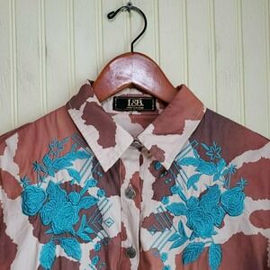 L&B Lucky & Blessed Button Up Shirt Womens Small Brown Embroidered Western Tunic